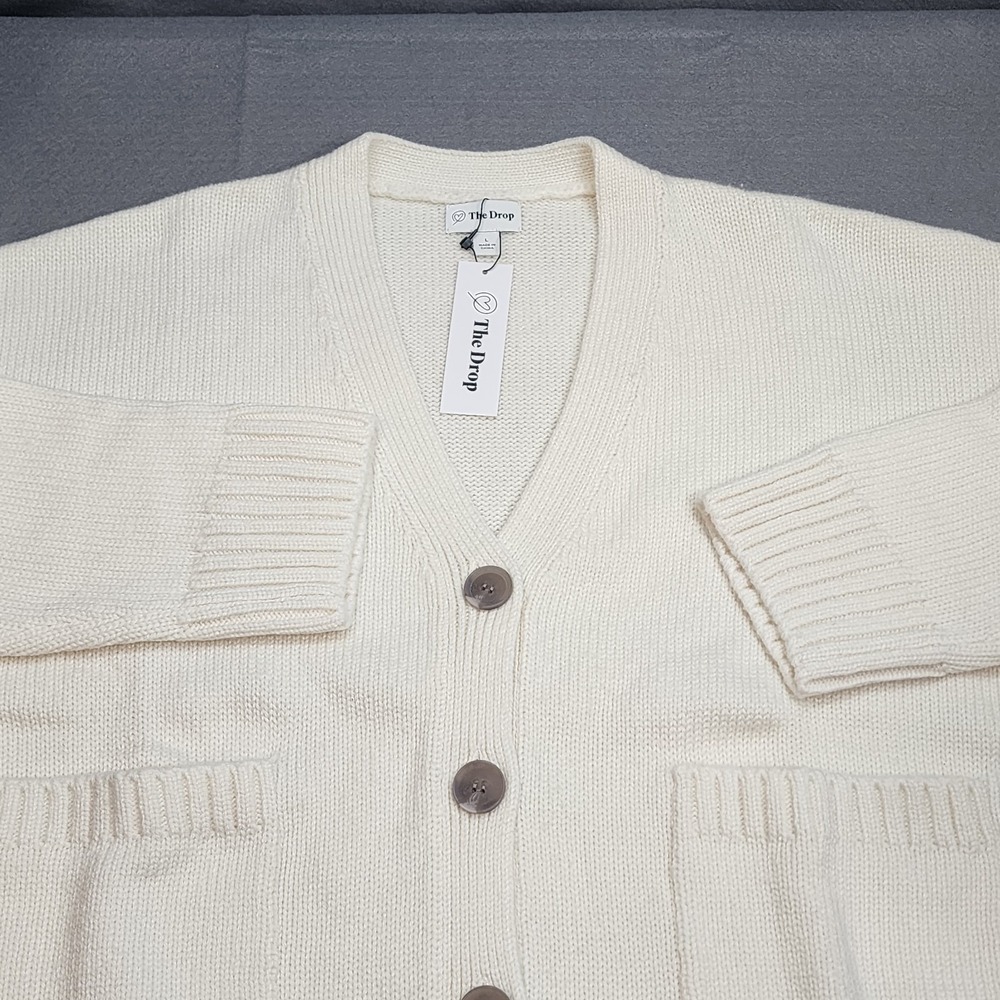 The Drop Women's‎ Brigitte Cotton Blend Chunky Cardigan Whisper White Sz L NEW